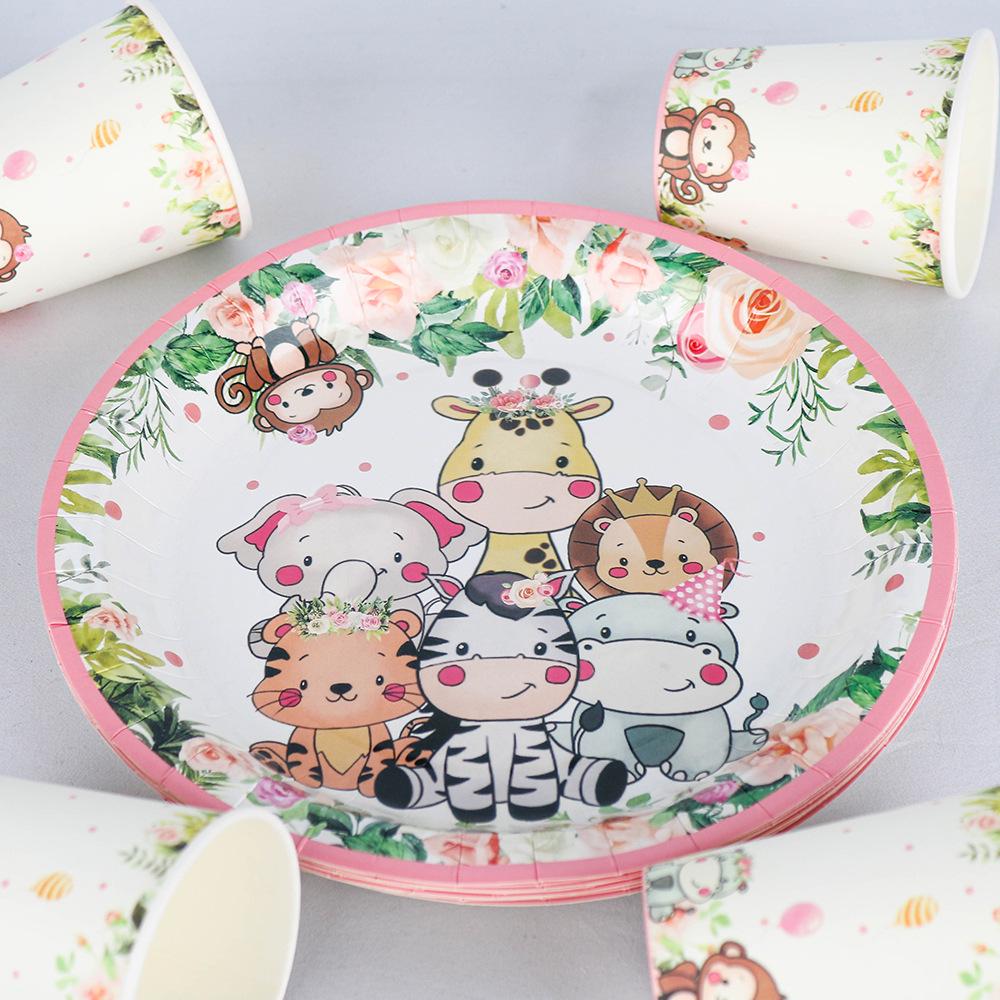 2025 Pink Jungle Animal Party Paper Tableware Set: Plates, Cups, Napkins, Tablecloth