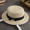 Beach Straw Hat Flat Top Wide Brim Sun Protection Hat with Black Ribbon Bow Hand-Woven Breathable Summer Hat