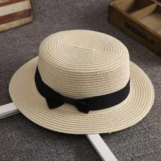 Beach Straw Hat Flat Top Wide Brim Sun Protection Hat with Black Ribbon Bow Hand-Woven Breathable Summer Hat