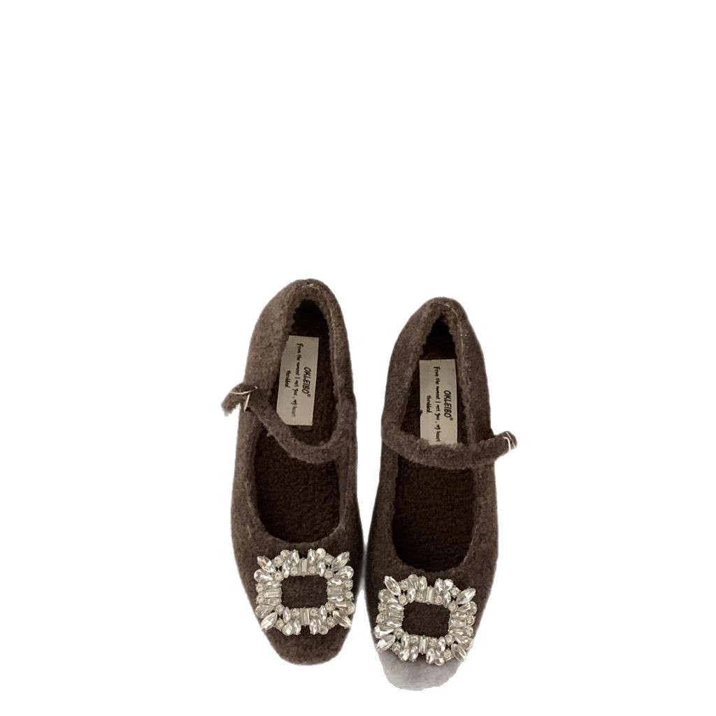 Xiaoxiangfeng woolen rhinestone square head fluffy Mary Jane shoes women's autumn and winter velvet cotton shoes middle heel ladyshoes women's singl