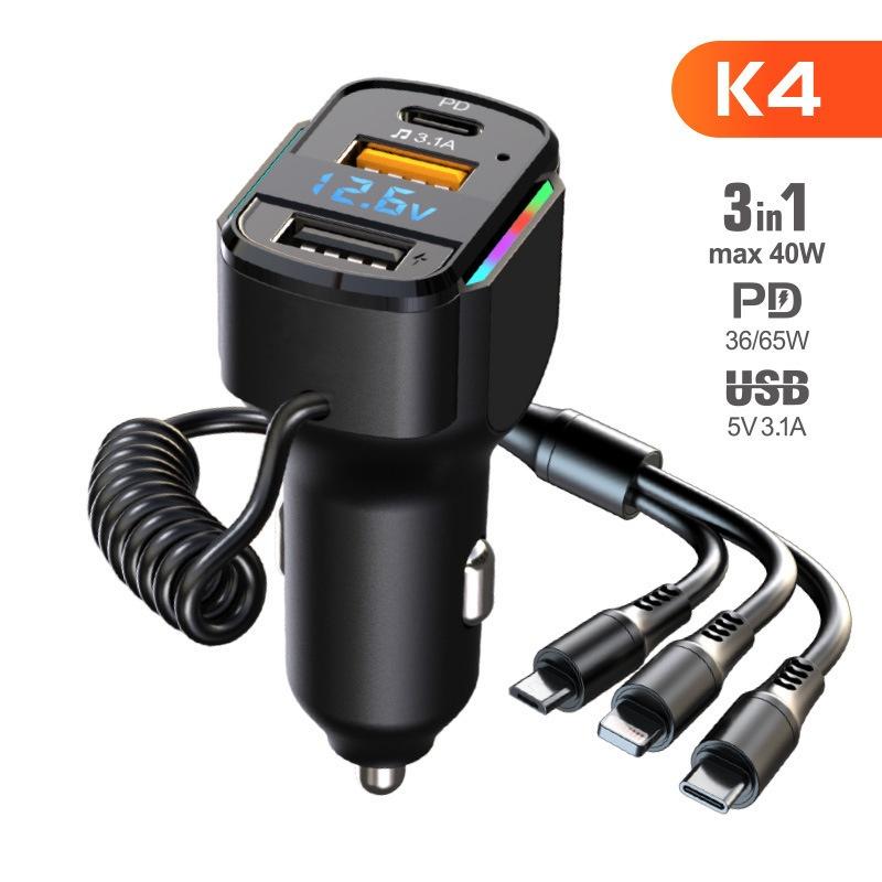 

3 In 1 Spring Fast Charging Cable K4 Car Charger, with Bluetooth Pd Dual Usb Car Charger Multi-function Car Charging Head K4-Black