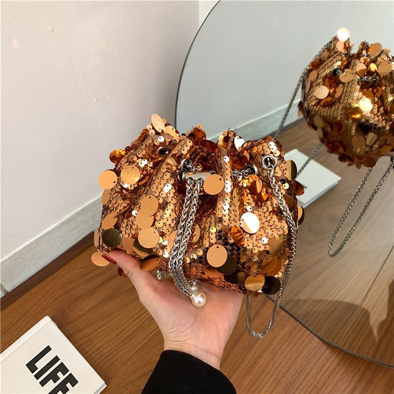 Shiny Fringe Sequin Evening Street Fashion Pu Bucket Bag 2024 New Trendy Chic Drawstring Large Capacity Stylish Handbag