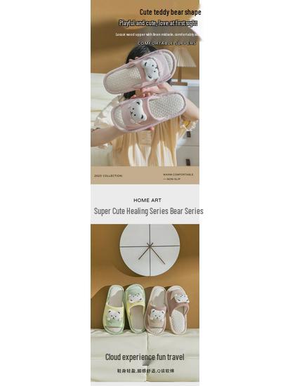 Women's Cartoon Bear Open-Toe Linen Slippers - Cozy Indoor Footwear for All Seasons
