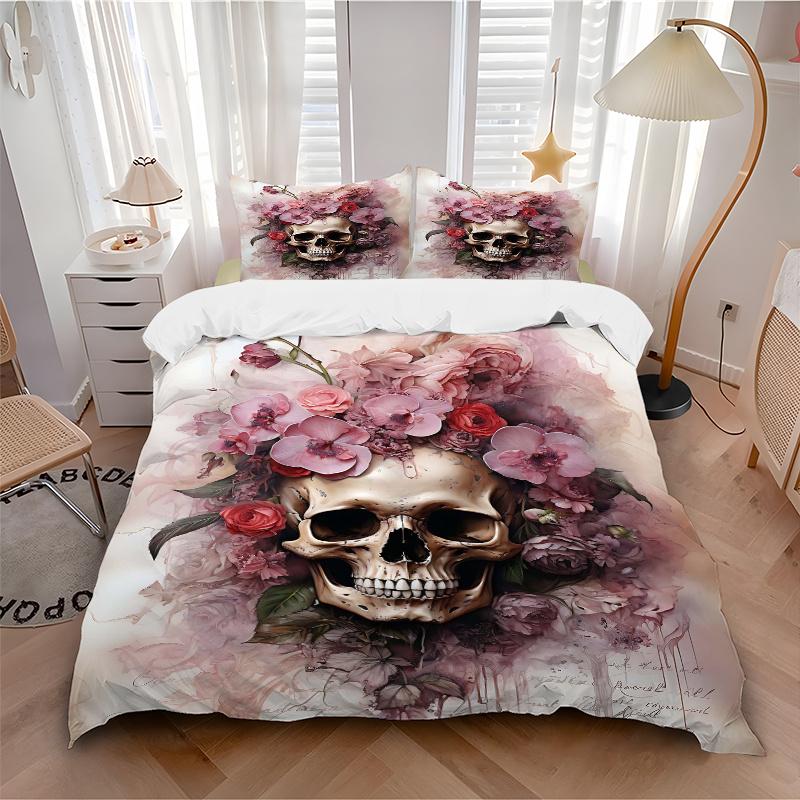 3pcs Skull & Blooms Quilt Set - Soft and Comfortable Bedroom, Guest Room and Dorm Decor Bedding Set 1 Quilt Cover + 2 Pillowcases.W080