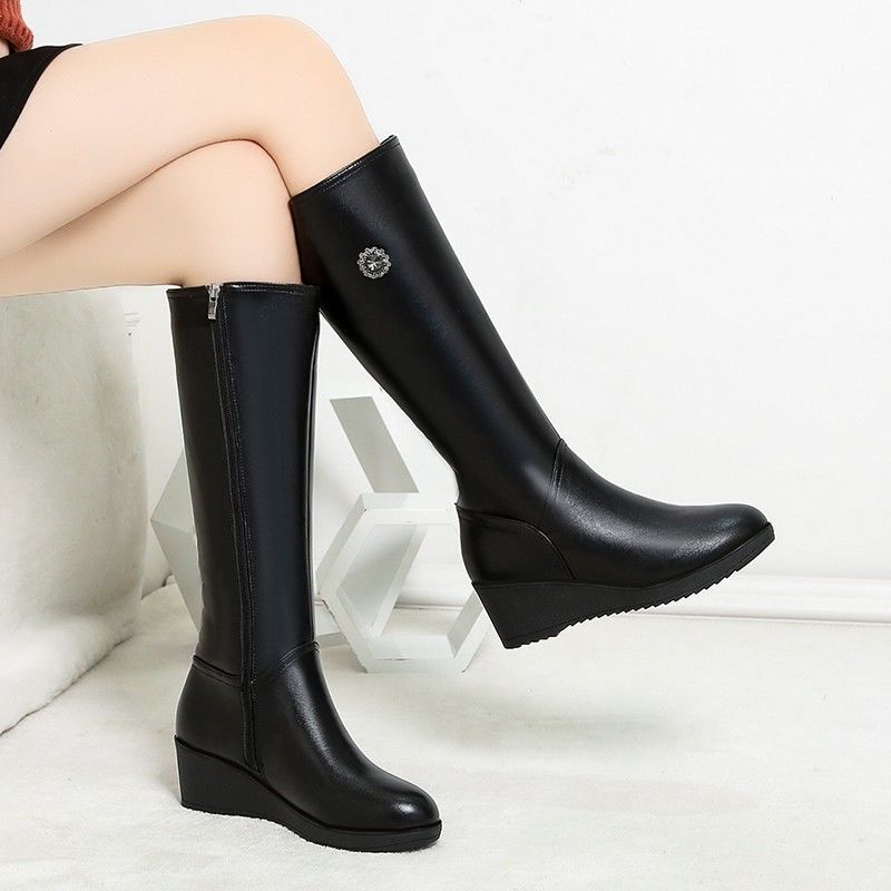 Fashion Rhinestone Elegant Heeled Round Toe Ladies Knee High Shaft Shoes Autumn Winter Warm Black Comfortable New in Women's Long Boots