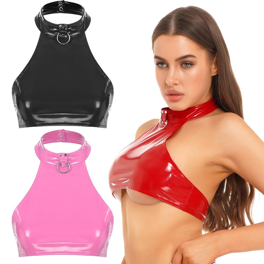 Women Sexy Patent Leather Halter Crop Tops Open Back Corset Vest Rave Party Wear Bustier