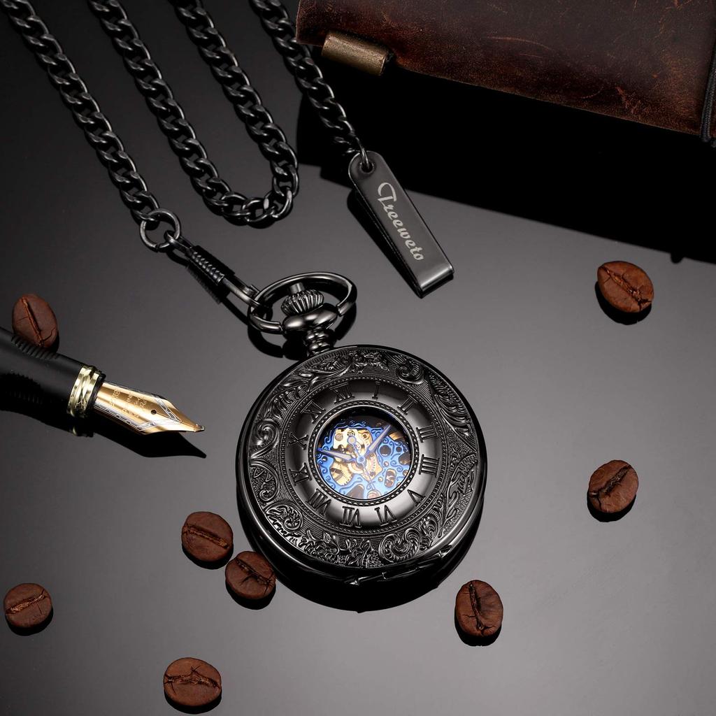 TREEWETO Men's Mechanical Skeleton Pocket Watch Roman Numeral Dial Gift Box Chain