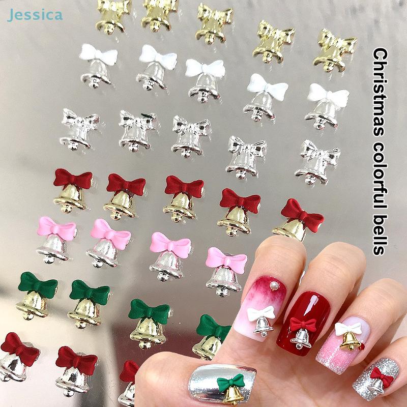 5Pcs Mini Colorful Bow Metal Bell Nail Art Charms Accessor Parts For Manicure Decor Christmas Nails Decor Supplies Material