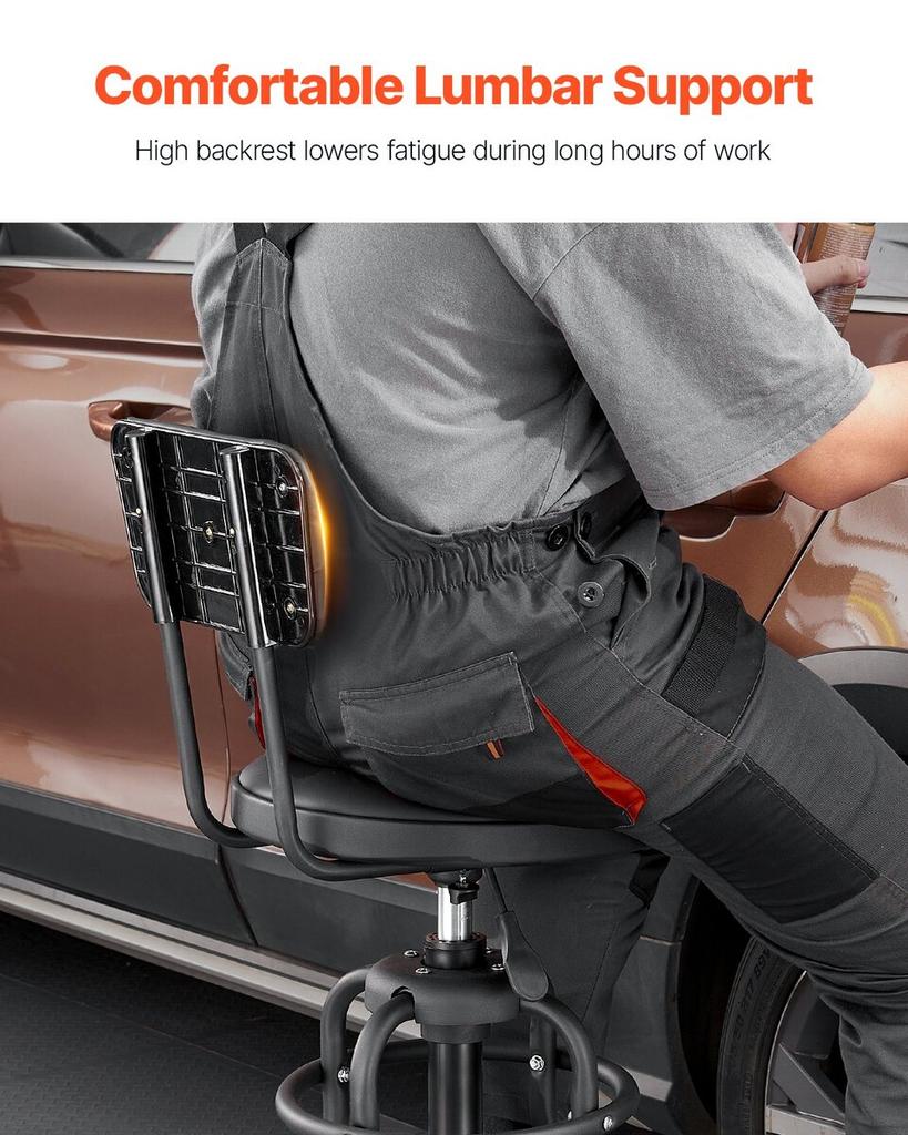 Shop Stool Adjustable Height Garage Work Seat 300 lbs Load with Backrest