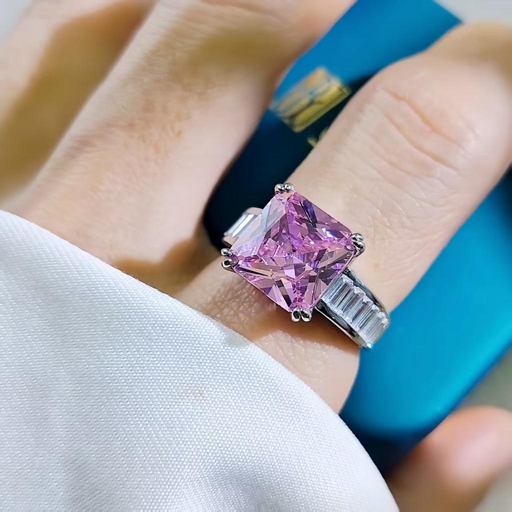 Square Zircon Ring Women'S Inlaid High Carbon Diamond Light Luxury Versatile Design High-Grade Pink Diamond Ring