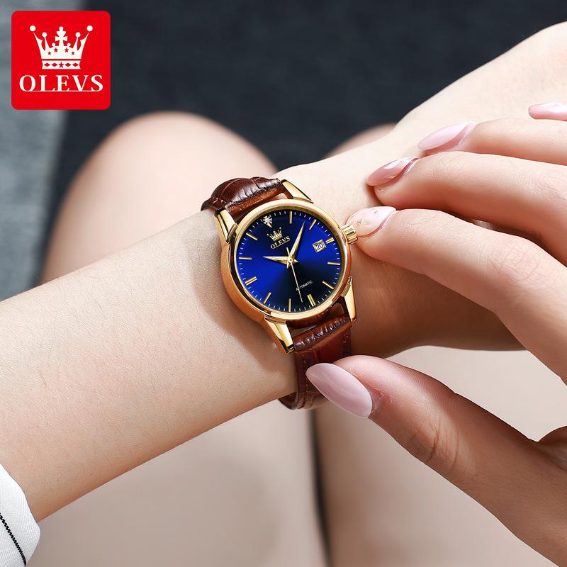 

Женские классические водонепроницаемые механические часы с кожаным ремешком