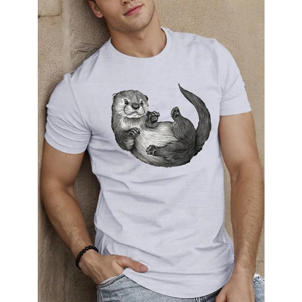 European sizes Men's Playful Otter Graphic Tee - Casual Short Sleeve T-Shirt, Breathable Polyester, Summer Fashion Top
