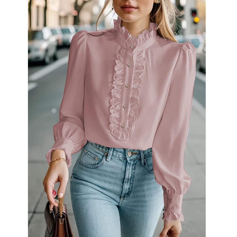 Women Autumn Long Sleeve Blouses and Shirts Office Ladies Business Single Breasted Ruffles Shirt Tops
