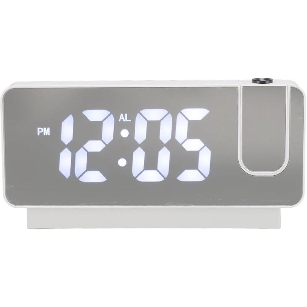 Projection Digital Alarm Clock for Bedrooms USB Rechargeable White Light Snooze Function Adjustable Brightness LED Mirror Digital Alarm Clock (White