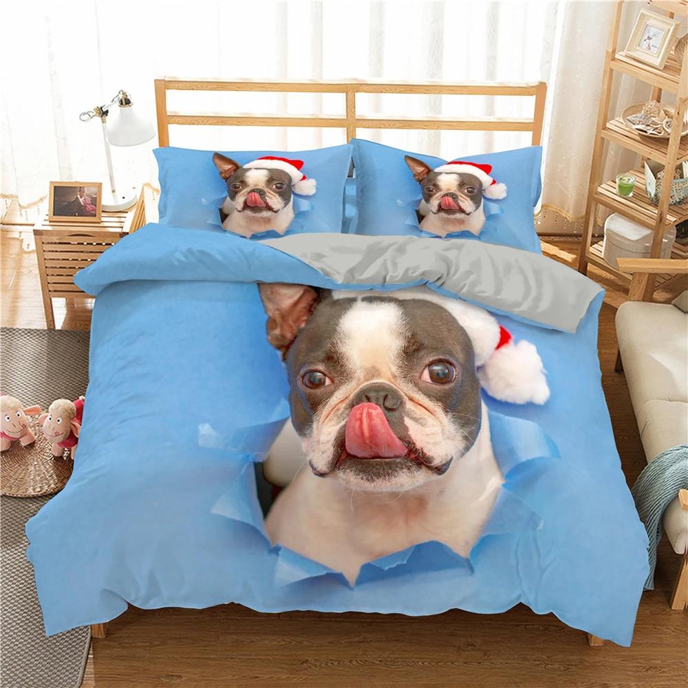 Bulldog Bettwäsche-Set Haustier Welpe Hund Bettbezug Cartoon Tierdruck Bettdeckenbezug King Queen 2/3-teilig Polyester Steppdeckenbezug
