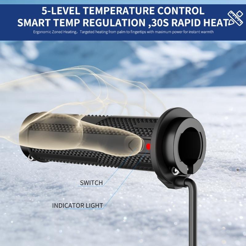 12 V Heated Handlebar Grip Set for Cold-Weather Handlebar Use with 5-Level Control, Previous-Setting Memory, 2-Clamp Structure, and Accessories