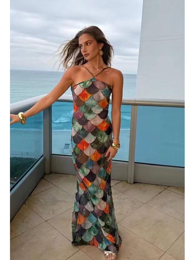 2025 Spring Women's Halter Neck Sleeveless Satin Print Dress – European & American Fashion