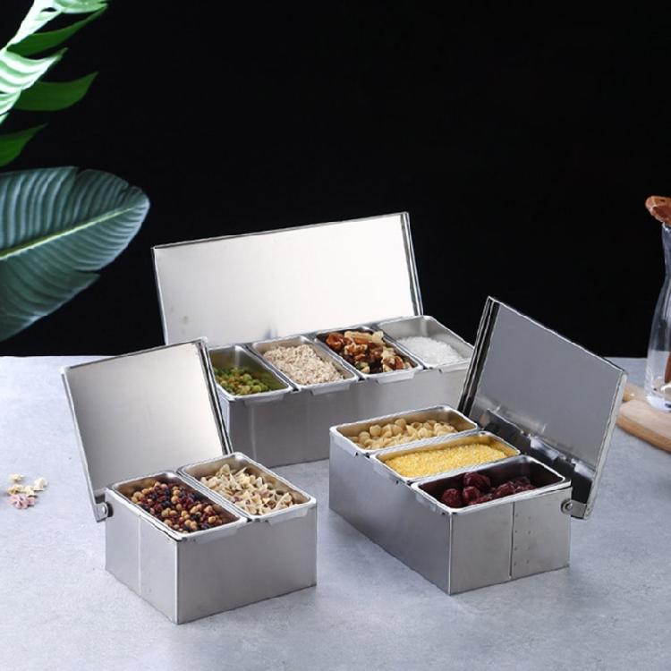 Household Grid Spice Container Set Seasoning Box Stainless Steel Seasoning Box Seasoning Storage Jar with Cover