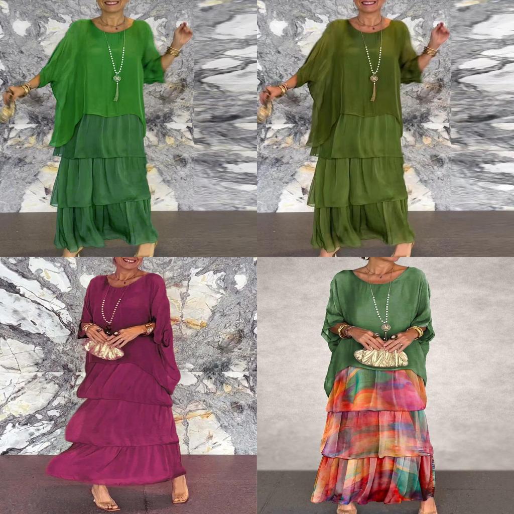 Polyester Chiffon Batwing Sleeve Long Dress With Ruffle And Loose Waist For Spring Fashion
