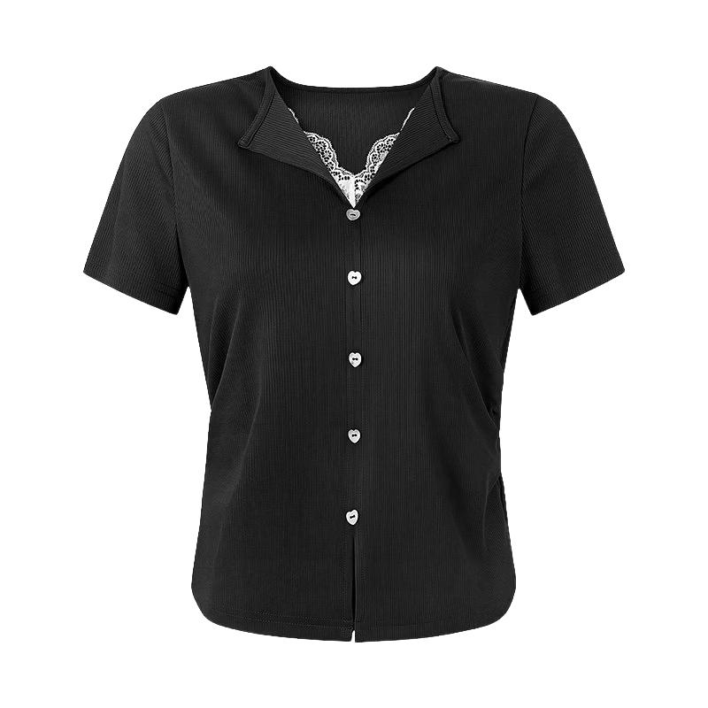 Women s V-Neck Lace Patchwork Pleated T-Shirt L