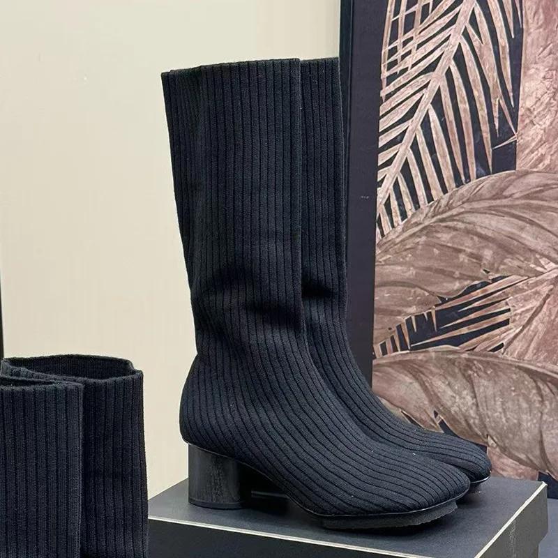 Pointed Elastic High Heel Socks Boots Women's Shoes 2025 Trends Knitted Breathable Slim Thick Heel Short Boot Black Sexy