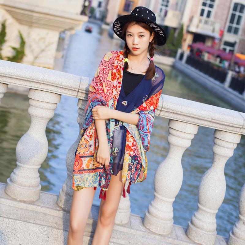 "Summer Ethnic Style Cotton-Linen Shawl: Handmade Retro Button Sunscreen Beach Cover-Up"