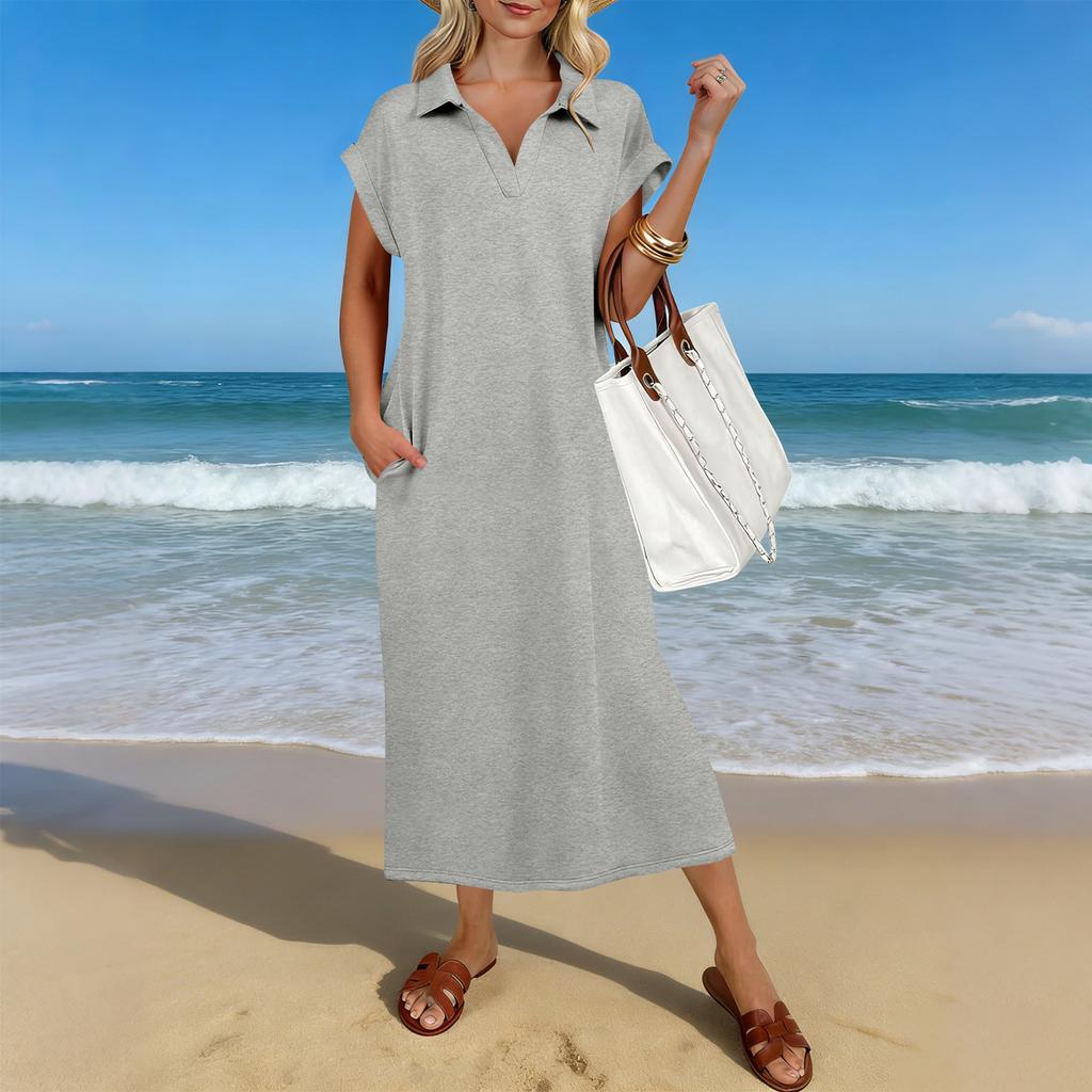 Letnia Casualowa Sukienka Midi Damska z Krótkim Rękawem i Dekoltem V, Luźny Krój, Rozcięcie na Dole, Sukienka T-Shirtowa Maxi na Plażę i do Kurortu