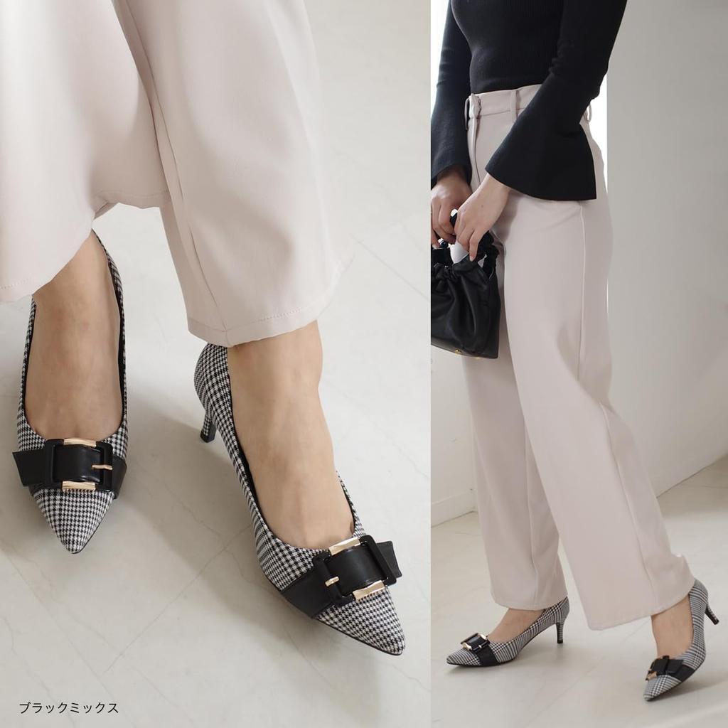 [AmiAmi] Women's Pointed Toe Pumps with Buckle, 6cm Heel, Comfortable for Walking, Leg-Lengthening Effect (Black (Smooth), 24.0cm-24.5cm) KH7544