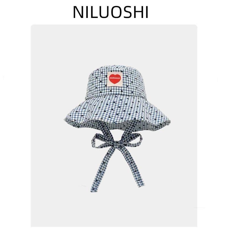 Sweet Love Plaid Bucket Hat Women's Spring Summer Foldable Large Brim Sunshade Sunscreen Washbasin Hat