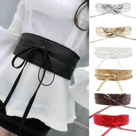 Fashion Color Faux Solid Belt Wrap Leather Waist Tie Wide Corset Dress Decor