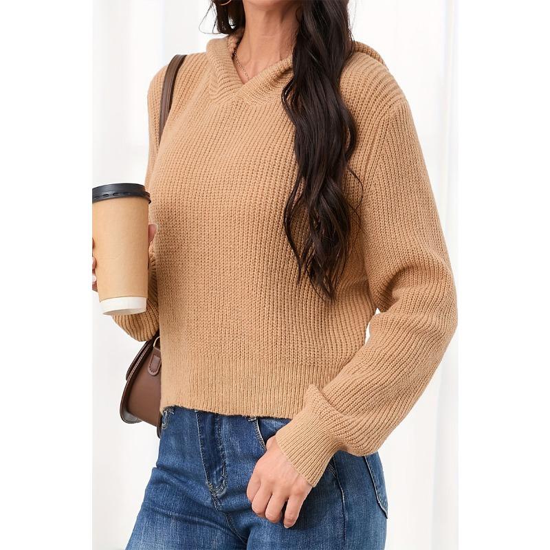 Damski sweter dzianinowy z kapturem, jednolitym kolorem, wiązaniem z tyłu, odkrytymi plecami, długim rękawem, swobodny sweter do pracy