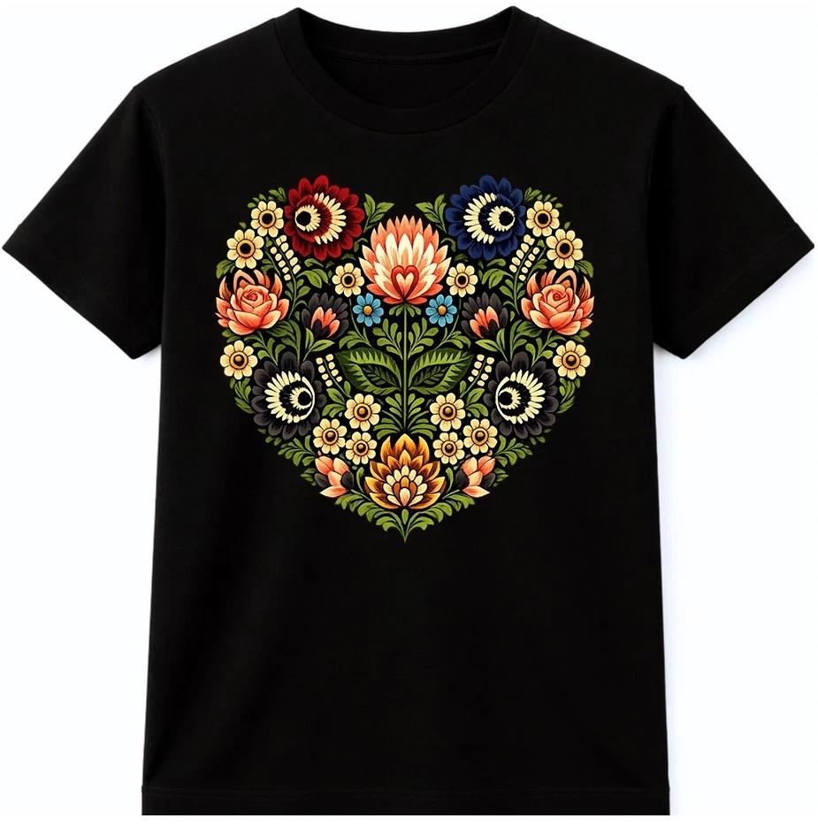 

Folk Art Heart Graphic T-Shirt Botanical Floral Flower Design Gift Tee 2XL