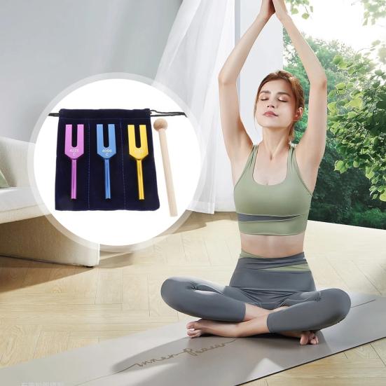 3 Adet Ahşap Çekiçli Alüminyum Akort Çatalı Kumaş Çanta 4096/4160/4225Hz Şifa Enstrümanı Akort Çatalı Yoga Meditasyon Rahatlama Aksesuarları