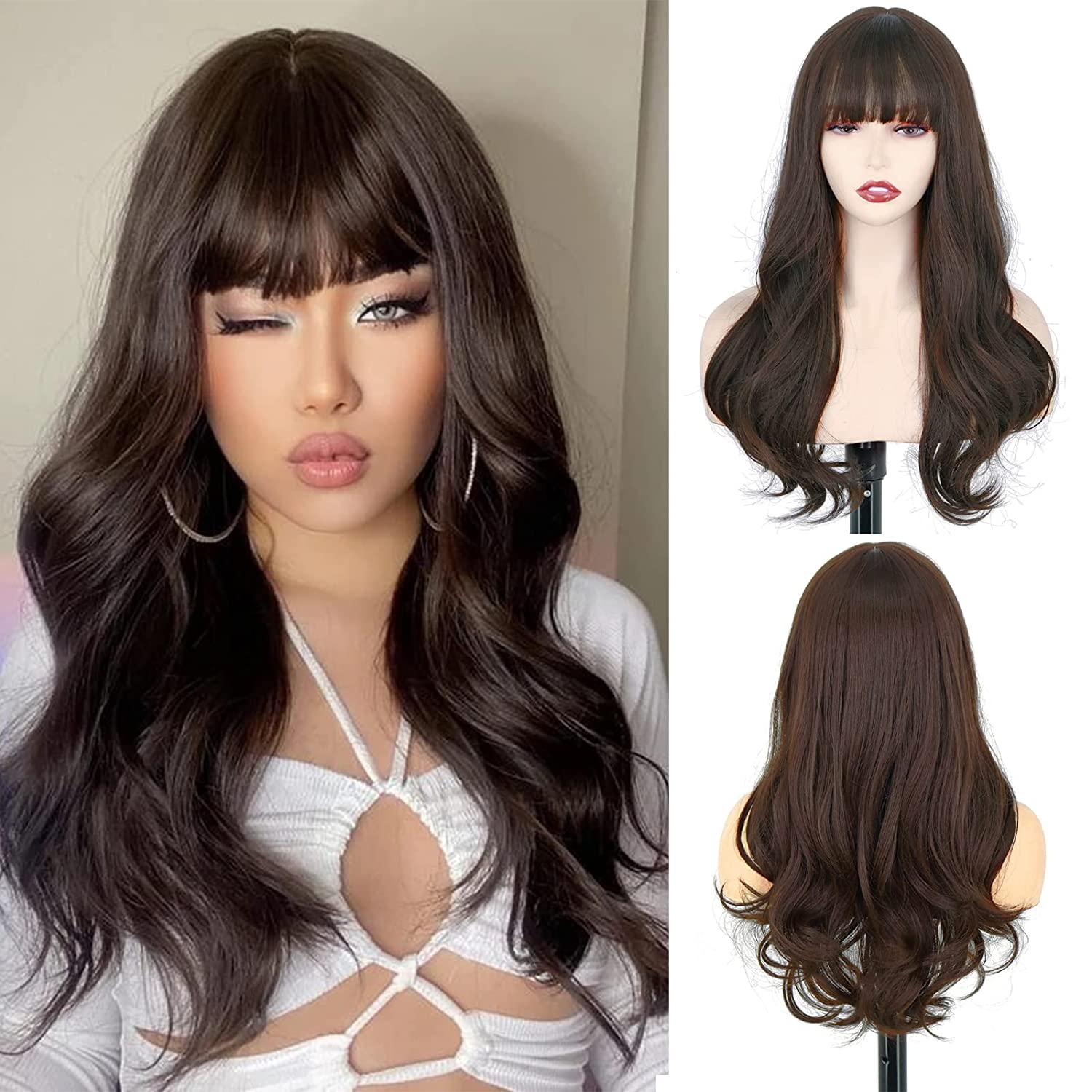 

Длинный коричневый парик LISI HAIR с челкой, светло-коричневые волнистые парики для женщин, синтетический натуральный волнистый длинный коричневый парик из волос для ежедневного использования 66cm