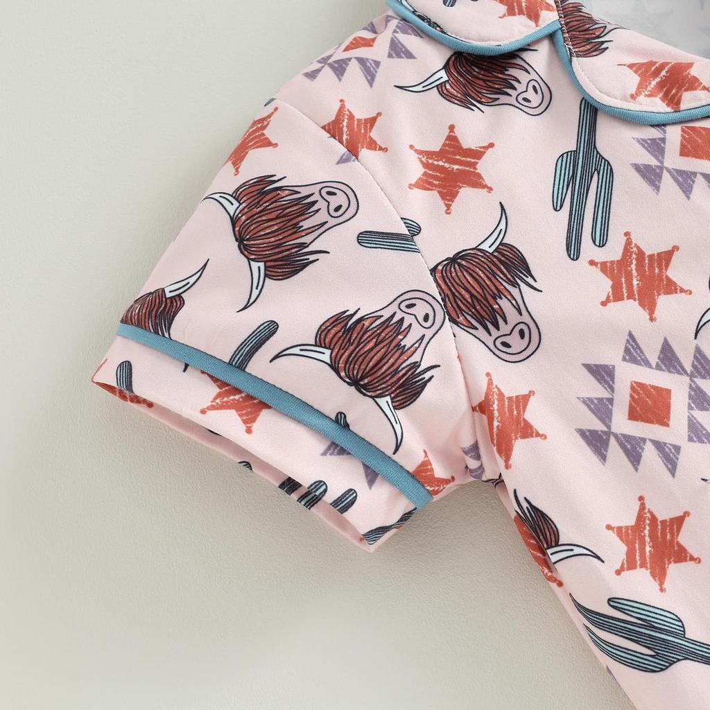 1-6Y Toddler Girls Cow Print Short Sleeve Button-Up Pajamas Top Shorts Summer 2PC Cotton Flower Pajamas Set