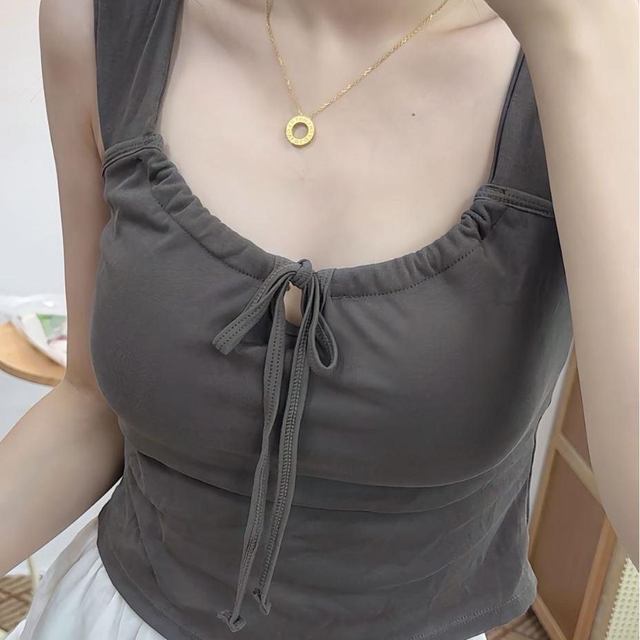 

Жилет без рукавов на шнуровке с нагрудными накладками для женщин: Милый облегающий топ-майка на лето One Size темно-серого