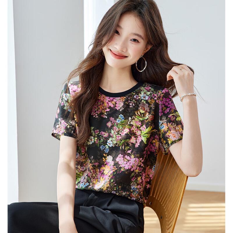 Srcr 16 Momme Floral Print Silk T-Shirt XL