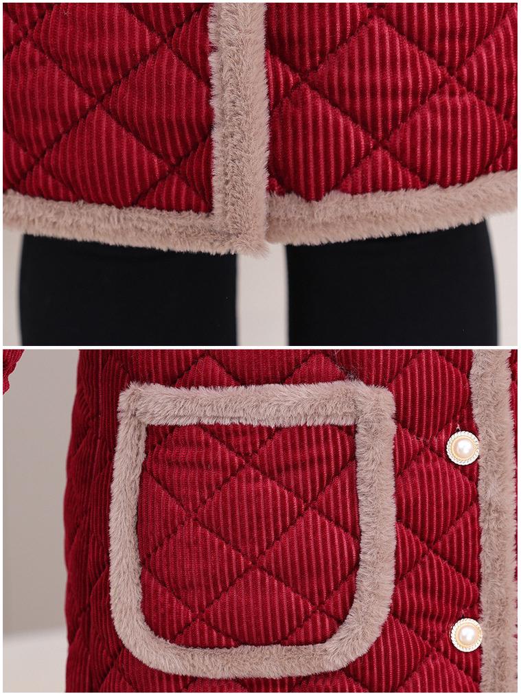 Cozy Plaid Fleece-Lined Jacket for Elderly Women - Mid-Length Winter Coat for Grandmothers