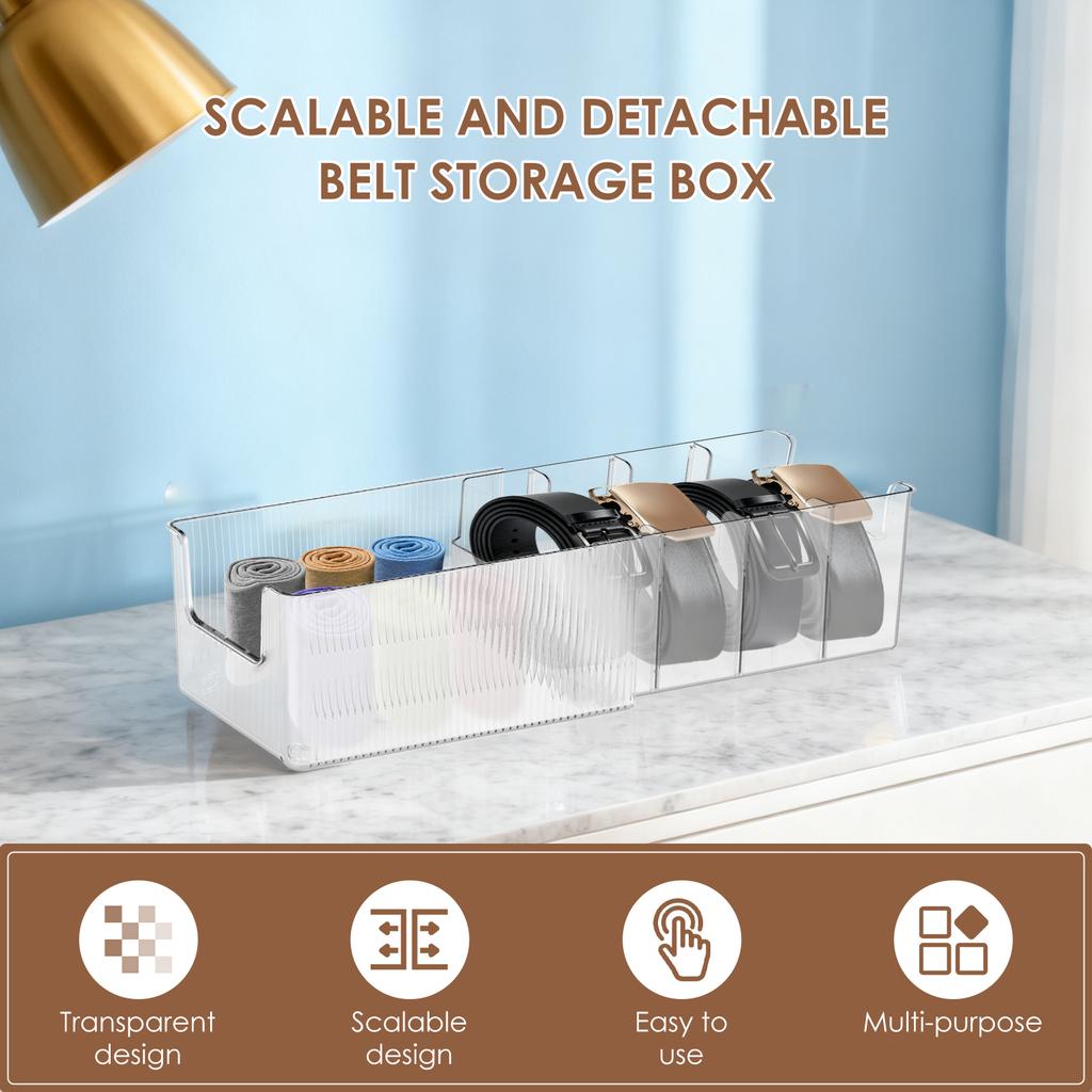2Pcs Belt Organizer Boxes PET Transparent Belt Storage Holder with Removable Dividers 4 Grid Extendable Belt Container for Home