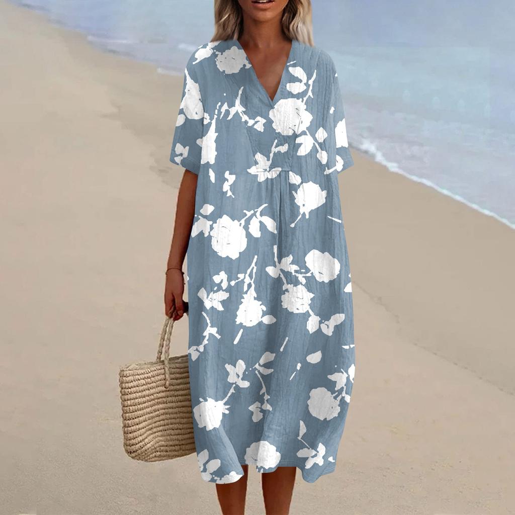 Women's Loose Casual Fashion V-Neck Printed Dress Beach Skirt