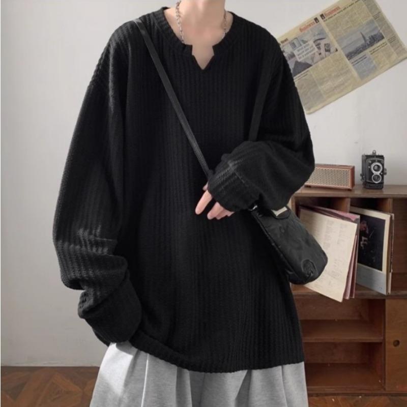 Spring Autumn V-neck Solid Color Casual Fashion Pullover Tee Male Long Sleeve All-match Bottomed T-shirt Top Men