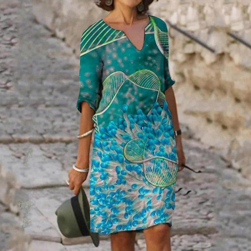 WomenV-neck Folk-custom Plus Size Print Loose  Dress Temperament Casual Waist