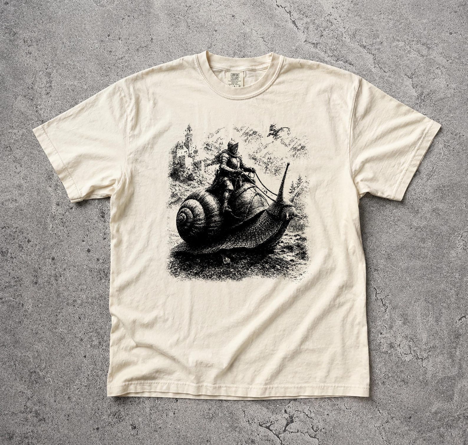 Vintage Snail Knight Graphic T-Shirt, Medieval Renaissance Whimsical Animal Top S