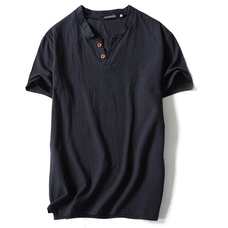 Herren Beiges Leinenmischung Henley-Kragen Kurzarm T-Shirt