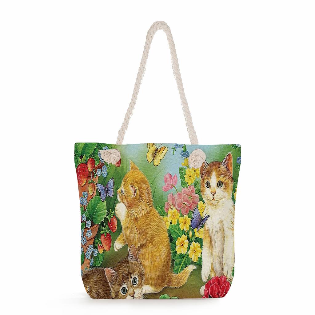 Cat print thick rope single-shoulder beach bag 7228