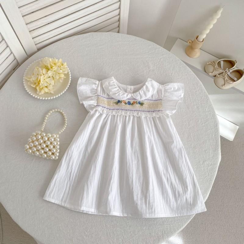 Girls Cotton Dress White Embroidered Smocked Sleeve Princess Kids Party