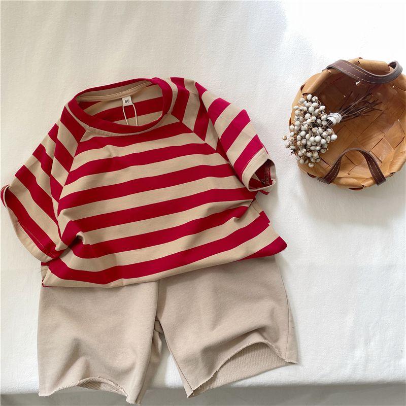 Children's Summer Clothing Korean Loose Striped Short Sleeved T-shirt Boys and Girls Stylish Versatile Top
