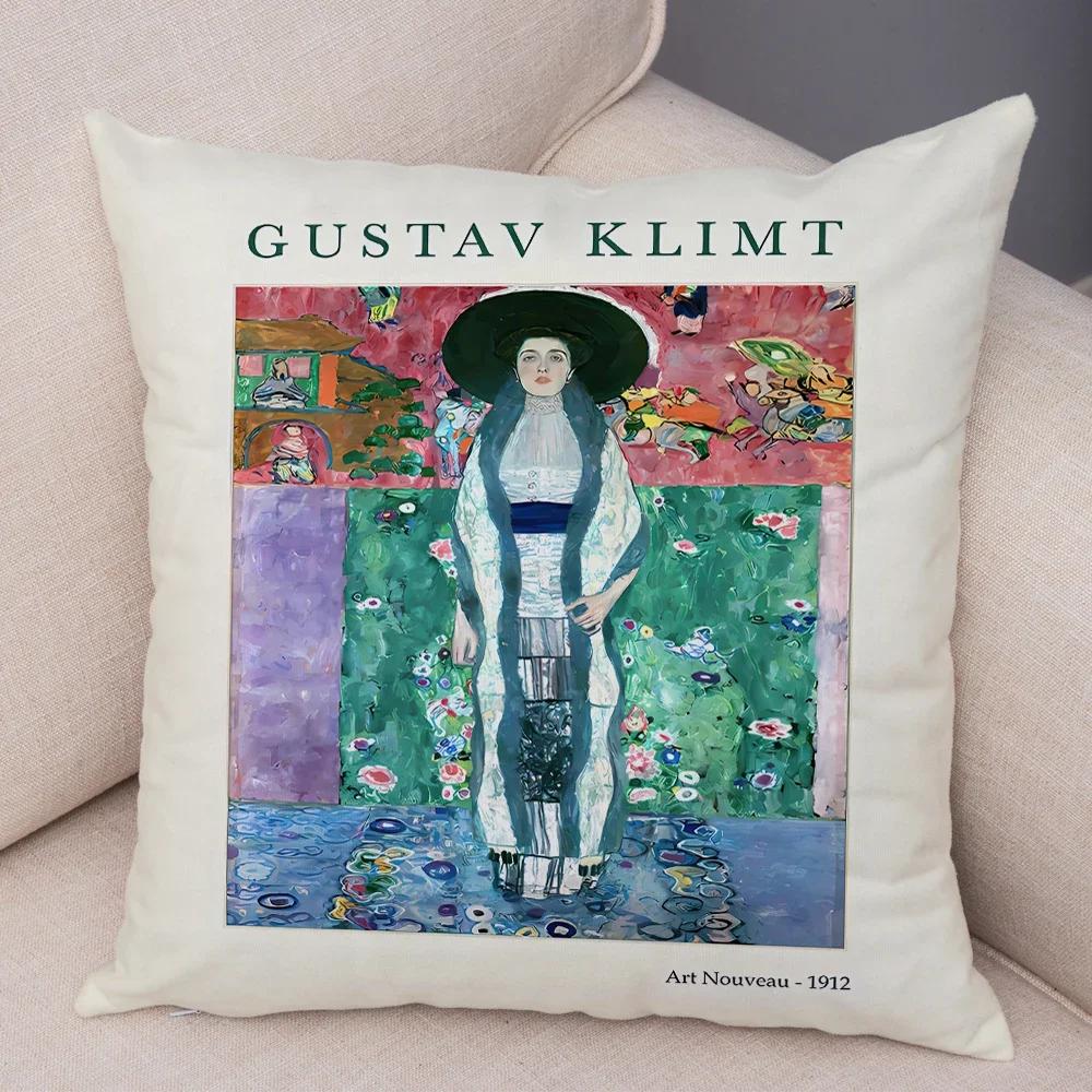 Gustav Klimt Grüner Blumengarten Flora Kissenbezug Beidseitig Dekor Nordischer Druck Kissenbezug Plüsch Kissenbezug für Sofa Zuhause