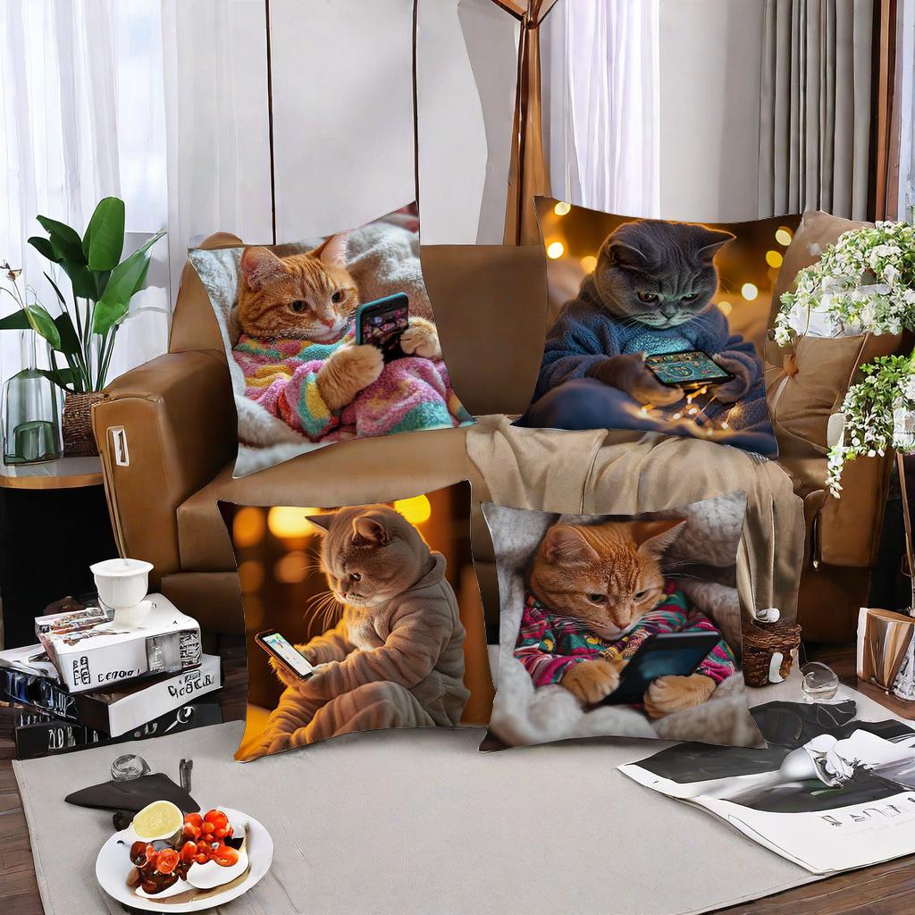 4-Piece Cute Theme Pillowcase Set – Featuring Cats Using Electronic Devices (Phones, Tablets, Laptops)
