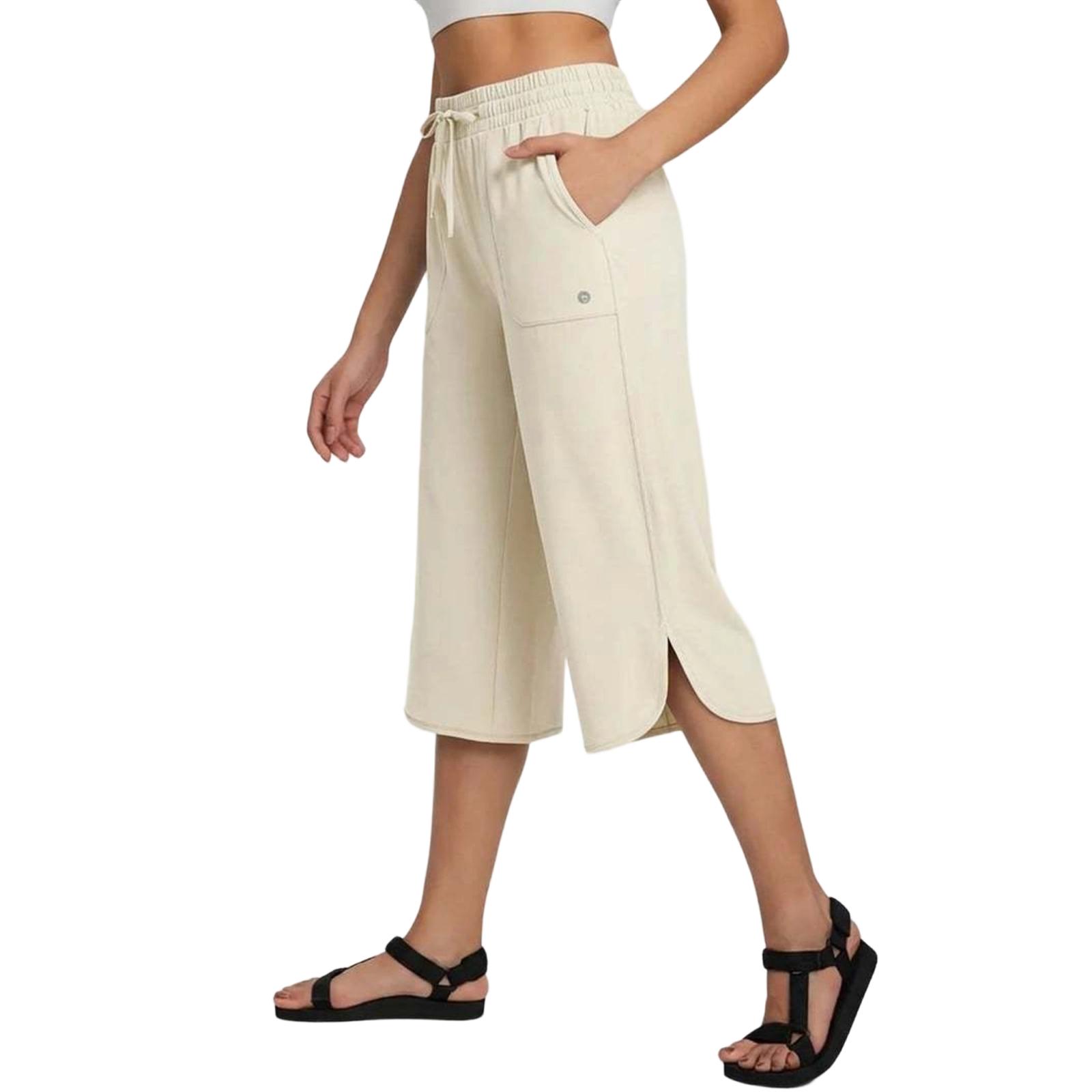 

Women s Elastic Waist Wide Leg Cropped Pants Casual Loose Fit Stretchy Waistband Lightweight Fabric Comfortable Fit M бежевый